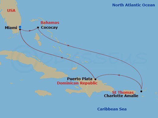RCL Independence of the Seas - 7 Night - Eastern Caribbean & Perfect Day - RCL Independence of the Seas - Starting in Miami, Florida, Perfect Day Cococay, Bahamas, Charlotte Amalie, St Thom.. itinerary map