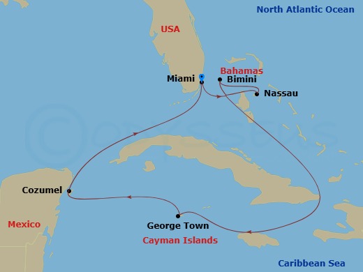 RCL Independence of the Seas - 7 Night - Western Caribbean Cruise - RCL Independence of the Seas - Starting in Miami, Florida, Nassau, Bahamas, Bimini, Bahamas, George Town, Grand Cayman, C.. itinerary map