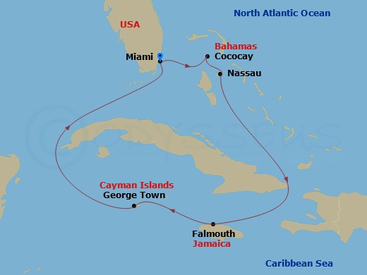 RCL Independence of the Seas - 7 Night - Western Carib & Perfect Day Holiday - RCL Independence of the Seas - Starting in Miami, Florida, Perfect Day Cococay, Bahamas, Nassau, Bahamas, Falm.. itinerary map