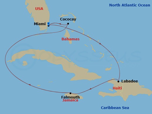 RCL Allure of the Seas - 6 Night - Western Caribbean & Perfect Day - RCL Allure of the Seas - Starting in Miami, Florida, Labadee, Haiti, Falmouth, Jamaica, Perfect Day Cococay, Baham.. itinerary map