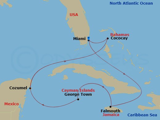 RCL Independence of the Seas - 7 Night - Western Caribbean & Perfect Day - RCL Independence of the Seas - Starting in Miami, Florida, Falmouth, Jamaica, George Town, Grand Cayman, Cozumel,.. itinerary map
