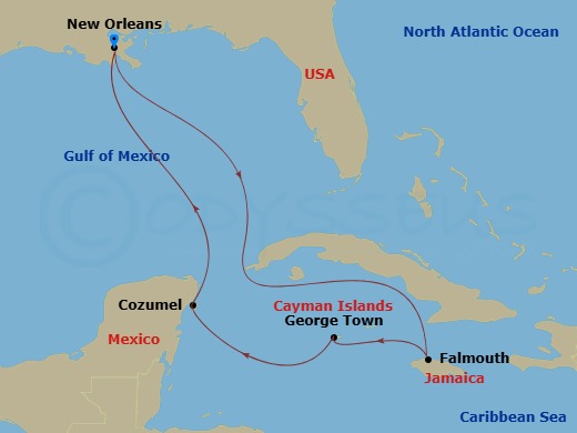 RCL Mariner of the Seas - 7 Night - Western Caribbean Cruise - RCL Mariner of the Seas - Starting in New Orleans, Louisiana, Falmouth, Jamaica, George Town, Grand Cayman, Cozumel, Mexi.. itinerary map