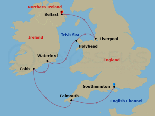 7 Night - Isles Getaway - Seven Seas Grandeur - Starting in London (Southampton), Falmouth, Cork (Cobh), Waterford, Cruising the Irish Sea, Holyhead, Liverpool, Belfast itinerary map