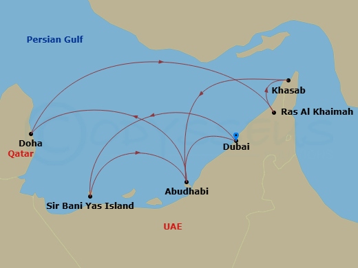Celestyal Discovery - 7 Night - Iconic Arabia from Dubai - Celestyal Discovery - Starting in Dubai, Uae, Sir Baniyas Island, UAE, Abu Dhabi, Uae, Doha, Qatar, Ras Al Khaimah, Uae,.. itinerary map