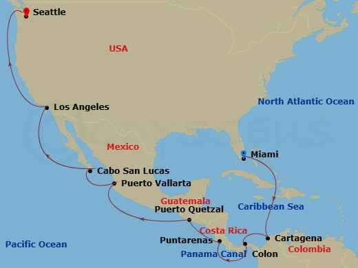 NCL Norwegian Joy - 18 Night - Panama Canal - Miami - NCL Norwegian Joy - Starting in Miami, Fl, Cartagena CO, Colon, Panama, Transit Panama Canal / At Sea, Puerto Caldera / Punt.. itinerary map