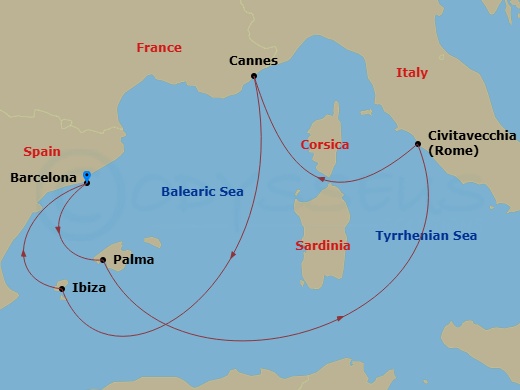 Valiant Lady - 7 Night - Spanish Isles, Rome & Cannes - Valiant Lady - Starting in Barcelona, Spain, Palma De Mallorca, Spain, Civitavecchia (Rome), Italy, Cannes, France, I.. itinerary map