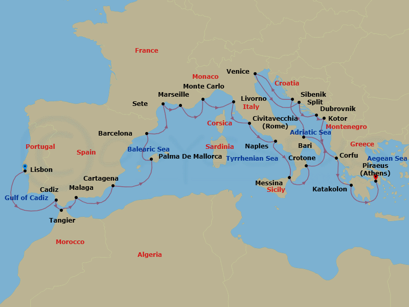 28 Night - Mediterranean Explorer - Viking Neptune - Starting in Lisbon, Seville (Cadiz), Tangier, Granada (Malaga), Murcia (Cartagena ES, Spain), Palma De Mallorca, Barcelona, Sete, Marseille, Monte Carlo, Florence / Pisa (Livorno), Rome (Civitavecchia), Naples, Sicily (Messina), Crotone, Bari, Sibenik, Venice, Split, Dubrovnik, Croatia, Kotor, Corfu (Kerkyra), Katakolon (Olympia), Athens (Piraeus) itinerary map