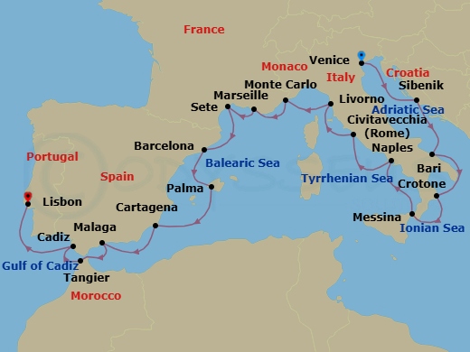 21 Night - Adriatic & Mediterranean Discovery - Viking Neptune - Starting in Venice, Sibenik, Bari, Crotone, Sicily (Messina), Naples, Rome (Civitavecchia), Florence / Pisa (Livorno), Monte Carlo, Marseille, Sete, Barcelona, Palma De Mallorca, Murcia (Cartagena ES, Spain), Granada (Malaga), Tangier, Seville (Cadiz), Lisbon itinerary map