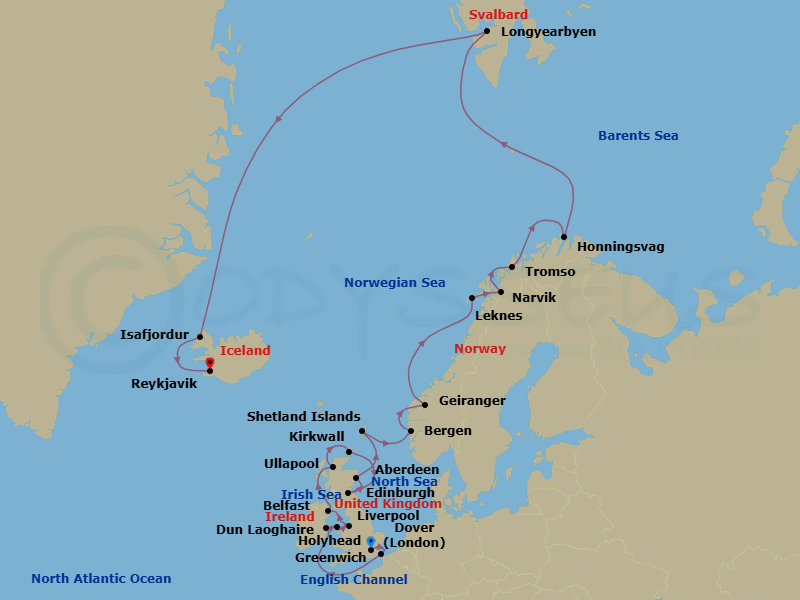28 Night - Iceland, Norway & British Isles - Viking Mira - Starting in London (Greenwich), Dover UK, Scenic Sailing English Channel, Dublin (Dun Laoghaire), Holyhead, Liverpool, Belfast, The Highlands (Ullapool), Orkney Islands (Kirkwall), Edinburgh (Newhaven Harbour), Aberdeen, Shetland Islands (Lerwick), Bergen, Geiranger, Norway, Scenic Sailing Norwegian Inside Passage, Lofoten (Leknes), Narvik, Tromso, Honningsvag, Sail the North Sea, Longyearbyen, Sail the Norwegian Sea, Isafjordur, Reykjavik itinerary map