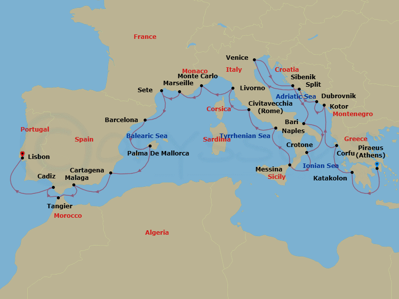 28 Night - Mediterranean Explorer - Viking Mira - Starting in Athens (Piraeus), Katakolon (Olympia), Corfu (Kerkyra), Kotor, Dubrovnik, Croatia, Split, Venice, Sibenik, Bari, Crotone, Sicily (Messina), Naples, Rome (Civitavecchia), Florence / Pisa (Livorno), Monte Carlo, Marseille, Sete, Barcelona, Palma De Mallorca, Murcia (Cartagena ES, Spain), Granada (Malaga), Tangier, Seville (Cadiz), Lisbon itinerary map