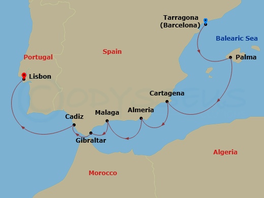 Wind Surf - 8 Night - Spanish Symphony - Wind Surf - Starting in Tarragona, Spain, Palma De Mallorca, Cartagena ES, Almeria, Spain, Malaga, Gibraltar, Cadiz, Lisbon itinerary map
