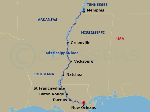 Viking Mississippi - 7 Night - Mississippi Delta Explorer - Viking Mississippi - Starting in Memphis, Tennessee, Scenic Sailing Lower Mississippi, Greenville, Mississippi, Vicksbu.. itinerary map