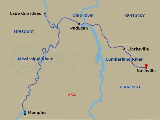 Viking Mississippi - 7 Night - Nashville, Memphis & the Cumberland - Viking Mississippi - Starting in Memphis, Tennessee, Scenic Sailing Upper Mississippi, Cape Girardeau, Missour.. itinerary map