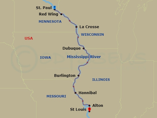 Viking Mississippi - 7 Night - Heartland of America - Viking Mississippi - Starting in St Paul, Minnesota, Red Wing, Minnesota, La Crosse, Wisconsin, Dubuque, Iowa, Quad Cities, I.. itinerary map