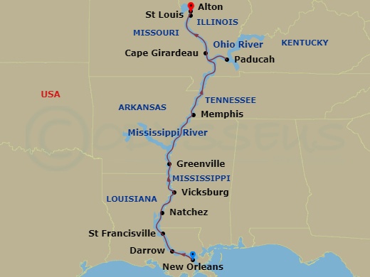 Viking Mississippi - 14 Night - The Big Easy to the Gateway City - Viking Mississippi - Starting in New Orleans, Louisiana, Darrow, Louisiana, St Francisville, Louisiana, Natchez,.. itinerary map