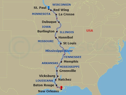 Viking Mississippi - 14 Night - America's Great River - Viking Mississippi - Starting in St Paul, Minnesota, Red Wing, Minnesota, La Crosse, Wisconsin, Dubuque, Iowa, Quad Cities,.. itinerary map