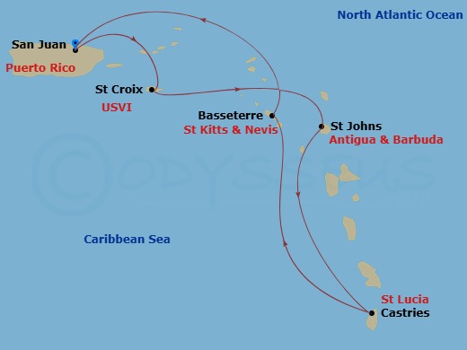 RCL Jewel of the Seas - 6 Night - Southern Caribbean Cruise - RCL Jewel of the Seas - Starting in San Juan, Puerto Rico, St Croix, US Virgin Islands, St Johns AG, Antigua, Castries,.. itinerary map