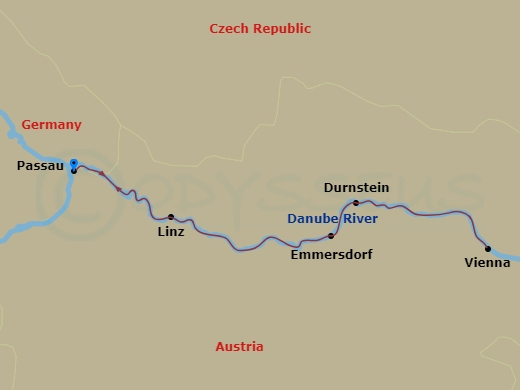 MS Amadeus Nova - 6 Night - Christmas Cruise On the Danube - MS Amadeus Nova - Starting in Passau, Emmersdorf, Durnstein, Vienna, Linz, Passau itinerary map