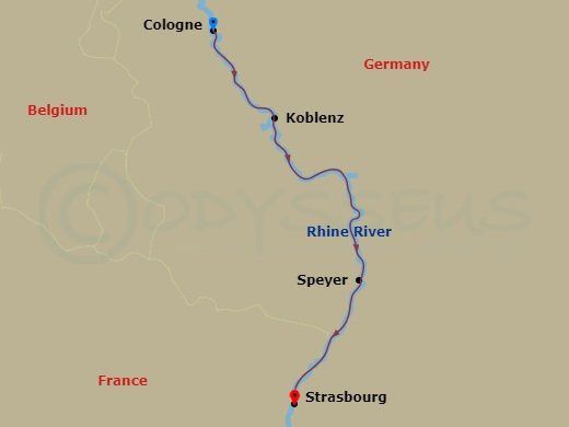 MS Amadeus Amara - 4 Night - Magic of Advent On the Rhine - MS Amadeus Amara - Starting in Cologne, Koblenz, Speyer, Strasbourg itinerary map