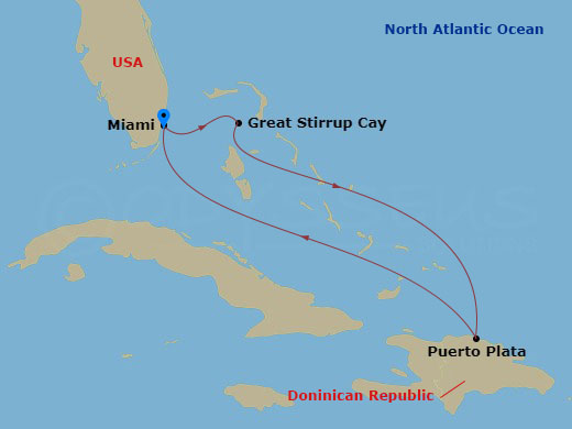 5 Night - Eastern Caribbean - Miami - Norwegian Joy - Starting in Miami, Fl, Great Stirrup Cay, Bahamas, Puerto Plata, Dominican Republic, Miami, Fl itinerary map