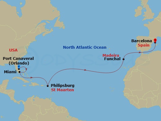 MSC Grandiosa - 14 Night - MSC Grand Voyages - MSC Grandiosa - Starting in Port Canaveral (Orlando), Florida, Miami, Florida, Philipsburg, St Maarten, Funchal (Madeira Island.. itinerary map
