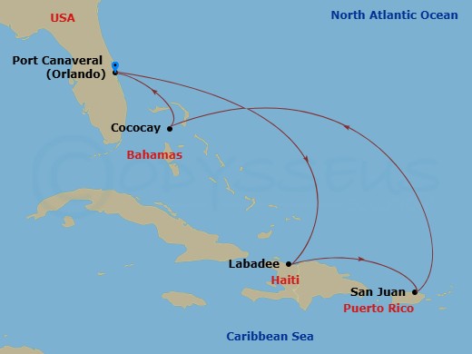 RCL Harmony of the Seas - 7 Night - Eastern Caribbean & Perfect Day - RCL Harmony of the Seas - Starting in Orlando (Port Canaveral), Fl, Labadee, Haiti, San Juan, Puerto Rico, Perfect.. itinerary map