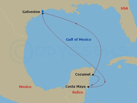 RCL Mariner of the Seas - 5 Night - Western Caribbean Cruise - RCL Mariner of the Seas - Starting in Galveston, Texas, Puerto Costa Maya, Mexico, Cozumel, Mexico, Galveston, Texas itinerary map