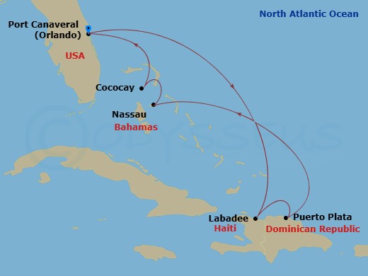 RCL Harmony of the Seas - 7 Night - Eastern Caribbean & Perfect Day - RCL Harmony of the Seas - Starting in Orlando (Port Canaveral), Fl, Labadee, Haiti, Puerto Plata, Dominican Republ.. itinerary map
