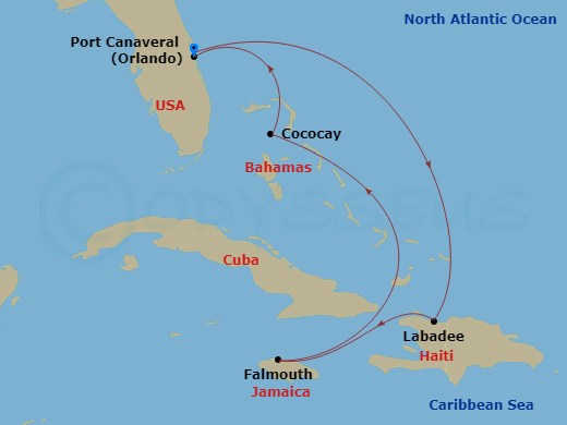 RCL Harmony of the Seas - 6 Night - Western Carib & Perfect Day Holiday - RCL Harmony of the Seas - Starting in Orlando (Port Canaveral), Fl, Labadee, Haiti, Falmouth, Jamaica, Perfect.. itinerary map