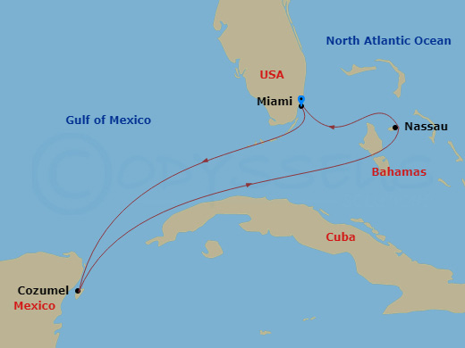 RCL Freedom of the Seas - 5 Night - Western Caribbean Cruise - RCL Freedom of the Seas - Starting in Miami, Florida, Cozumel, Mexico, Nassau, Bahamas, Miami, Florida itinerary map