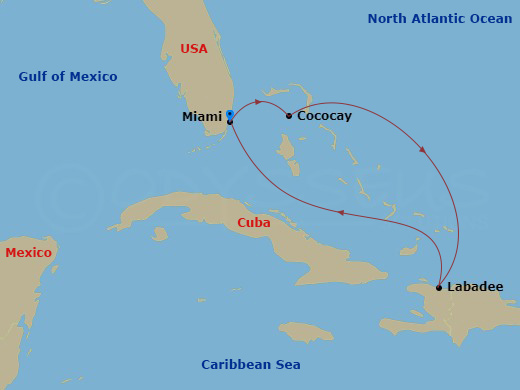 RCL Freedom of the Seas - 5 Night - Eastern Caribbean & Perfect Day - RCL Freedom of the Seas - Starting in Miami, Florida, Perfect Day Cococay, Bahamas, Labadee, Haiti, Miami, Florida itinerary map