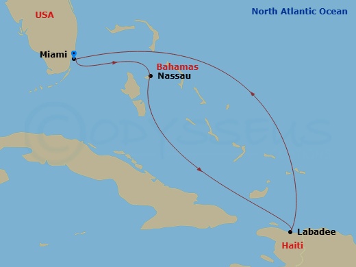 RCL Freedom of the Seas - 5 Night - Eastern Caribbean Cruise - RCL Freedom of the Seas - Starting in Miami, Florida, Nassau, Bahamas, Labadee, Haiti, Miami, Florida itinerary map