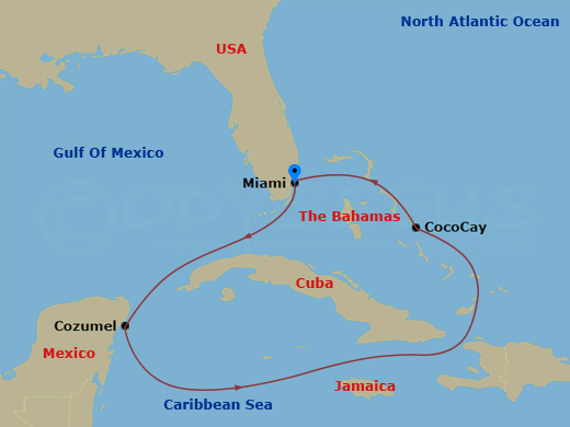 RCL Freedom of the Seas - 5 Night - Western Caribbean & Perfect Day - RCL Freedom of the Seas - Starting in Miami, Florida, Cozumel, Mexico, Perfect Day Cococay, Bahamas, Miami, Florida itinerary map