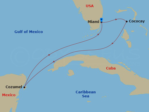 RCL Freedom of the Seas - 5 Night - Western Caribbean & Perfect Day - RCL Freedom of the Seas - Starting in Miami, Florida, Perfect Day Cococay, Bahamas, Cozumel, Mexico, Miami, Florida itinerary map