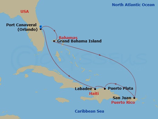 RCL Explorer of the Seas - 7 Night - Eastern Caribbean Holiday - RCL Explorer of the Seas - Starting in Orlando (Port Canaveral), Fl, Grand Bahama Island, Bahamas, San Juan, Puerto Rico.. itinerary map