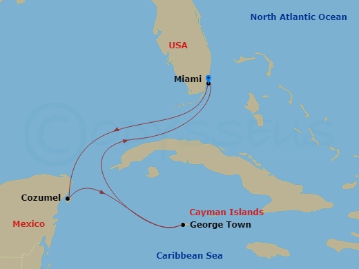 RCL Freedom of the Seas - 5 Night - Western Caribbean Cruise - RCL Freedom of the Seas - Starting in Miami, Florida, Cozumel, Mexico, George Town, Grand Cayman, Miami, Florida itinerary map