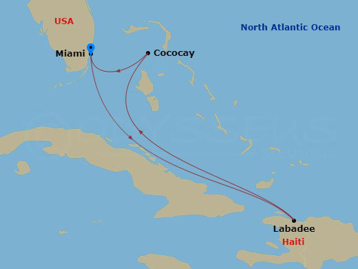 RCL Freedom of the Seas - 5 Night - Eastern Caribbean & Perfect Day - RCL Freedom of the Seas - Starting in Miami, Florida, Labadee, Haiti, Perfect Day Cococay, Bahamas, Miami, Florida itinerary map