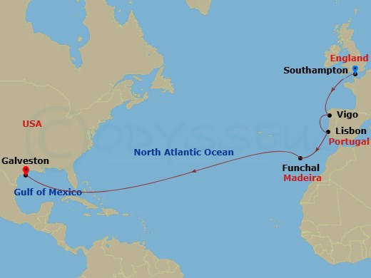 RCL Liberty of the Seas - 15 Night - Spain & Portugal Transatlantic - RCL Liberty of the Seas - Starting in Southampton, England, Vigo, Spain, Lisbon, Portugal, Madeira (Funchal), Port.. itinerary map