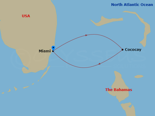 RCL Wonder of the Seas - 3 Night - Perfect Day Getaway Cruise - RCL Wonder of the Seas - Starting in Miami, Florida, Perfect Day Cococay, Bahamas, Miami, Florida itinerary map
