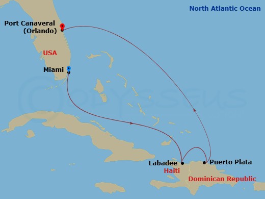 RCL Explorer of the Seas - 5 Night - Eastern Caribbean Cruise - RCL Explorer of the Seas - Starting in Orlando (Port Canaveral), Fl, Labadee, Haiti, Puerto Plata, Dominican Republic, Or.. itinerary map