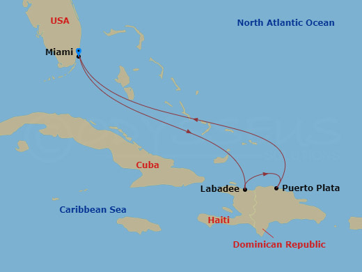 RCL Freedom of the Seas - 5 Night - Eastern Caribbean Cruise - RCL Freedom of the Seas - Starting in Miami, Florida, Labadee, Haiti, Puerto Plata, Dominican Republic, Miami, Florida itinerary map