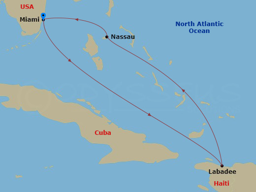 RCL Freedom of the Seas - 5 Night - Eastern Caribbean Cruise - RCL Freedom of the Seas - Starting in Miami, Florida, Labadee, Haiti, Nassau, Bahamas, Miami, Florida itinerary map