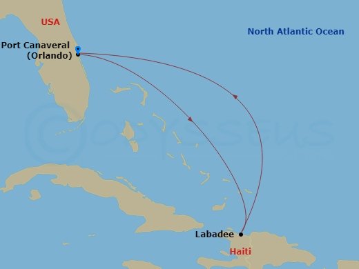 RCL Utopia of the Seas - 4 Night - Eastern Caribbean Cruise - RCL Utopia of the Seas - Starting in Orlando (Port Canaveral), Fl, Labadee, Haiti, Orlando (Port Canaveral), Fl itinerary map