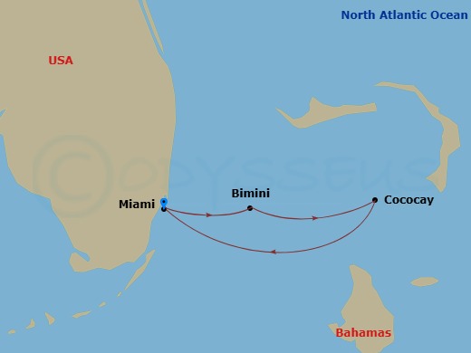RCL Freedom of the Seas - 4 Night - Bahamas & Perfect Day Cruise - RCL Freedom of the Seas - Starting in Miami, Florida, Perfect Day Cococay, Bahamas, Bimini, Bahamas, Miami, Florida itinerary map