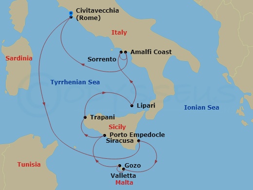 Wind Surf - 10 Night - Sicilian Splendors - Wind Surf - Starting in Rome, Syracuse, Italy, Valletta, Gozo, Porto Empedocle, Trapani, Lipari, Sorrento, Amalfi, Rome itinerary map