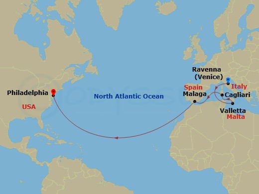 NCL Norwegian Pearl - 13 Night - Repo - Transatlantic - NCL Norwegian Pearl - Starting in Venice (Ravenna), Italy, Valletta, Malta, Cagliari / Sardinia, Italy, Malaga / Granada, Sp.. itinerary map
