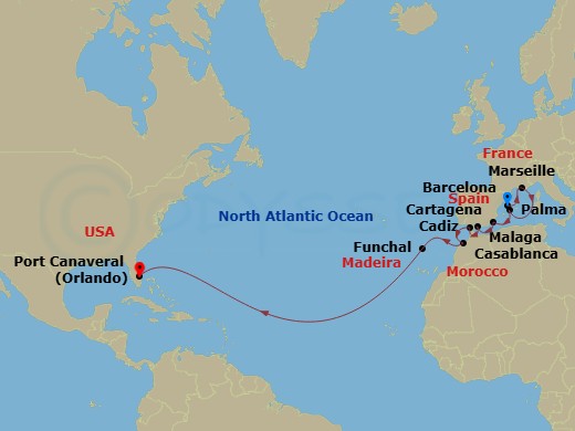 NCL Norwegian Escape - 16 Night - Repo - Transatlantic - NCL Norwegian Escape - Starting in Barcelona, Spain, Provence, Marseille, France, Palma Majorca, Spain, Cartagena ES, Spain,.. itinerary map