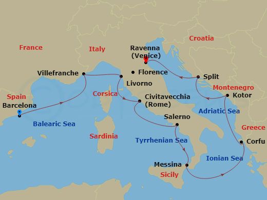 Norwegian Viva Cruise Tours - 12 Night - Explore Barcelona Pre Cruisetour - Norwegian Viva Cruise Tours - Starting in At Hotel, Barcelona, Spain, Nice / Monaco (Villefranche), France, Livo.. itinerary map