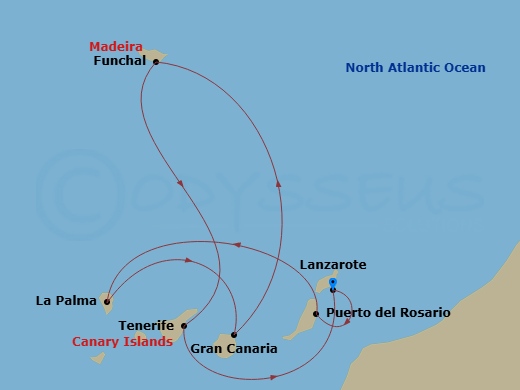 MSC Musica - 7 Night - Canary Islands and Madeira - MSC Musica - Starting in Arrecife De Lanzarote (Canary Islands), Spain, Puerto Del Rosario / Fuerteventura, Spain, Sant.. itinerary map