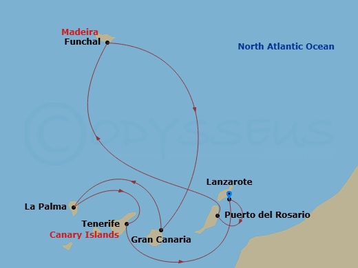 MSC Musica - 7 Night - Canary Islands and Madeira - MSC Musica - Starting in Arrecife De Lanzarote (Canary Islands), Spain, Puerto Del Rosario / Fuerteventura, Spain, Func.. itinerary map